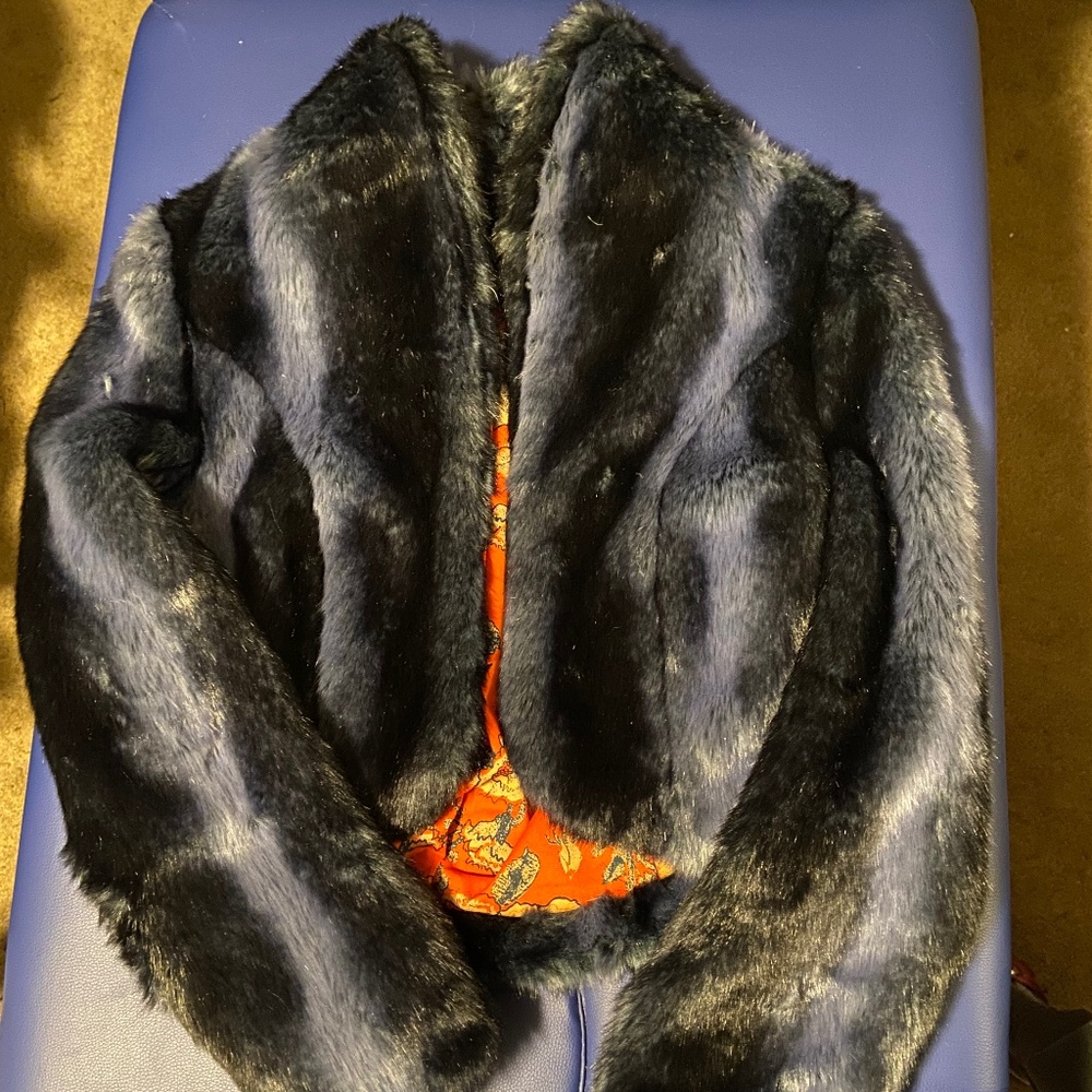 Minkpink Faux Fur croppedsteel blue gray coat size XS